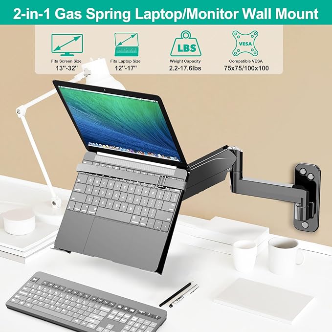 UPGRAVITY Laptop Wall Mount, 2-in-1 Gas Spring Wall Holder with Vented Tray for 12"-17" Notebook/13-32 Computer Screen, Full Motion Adjustable Wall Mount Laptop Stand Holds 3.3-17.6lbs