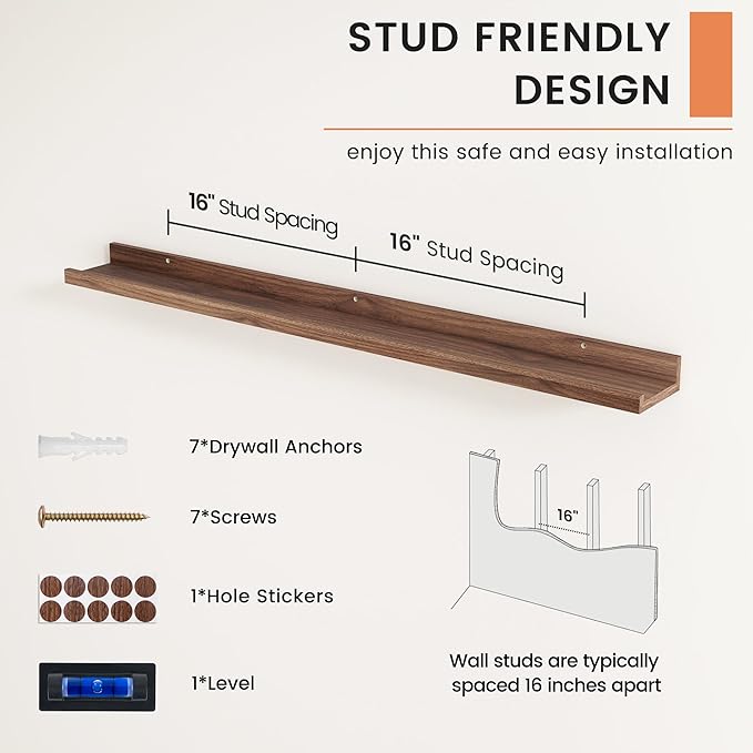 FLYJOE Picture Ledge Shelf, Floating Shelves Set of 2, 44 Inches Nursery Book Shelves for Toys Storage, Kids Bookshelf Wall Mounted for Living Room Bedroom Decor Books Photo Frames, Walnut