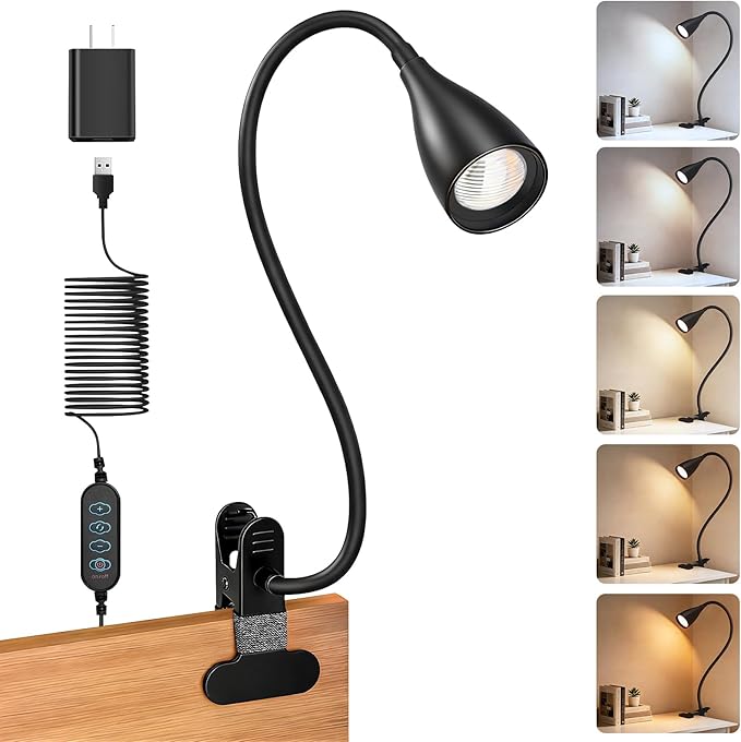 Reading Light for Book in Bed, Clip on Light Reading Lamp with Adapter, 5 Color Modes 10 Brightness, 360° Flexible Eye-Caring Clip on Desk Lamp Book Light for Reading in Bed Headboard Bedside Bedroom