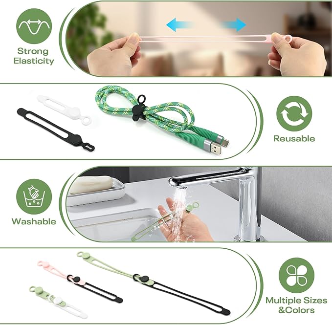 Silicone Cord Ties Reusable Cord Organizer for Charging Cables, Electrical Cords, Computer Wires, USB Data Cable Management(24Pcs, Black)