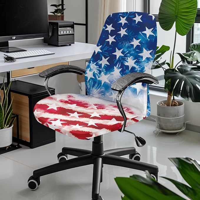 Talayituse American Flag Print Office Chair Covers, Firework Tie Dye Design Stretch Computer Chair Cover 4th of July Universal Boss Chair Covers Modern Simplism Style High Back Chair Slipcover, Small