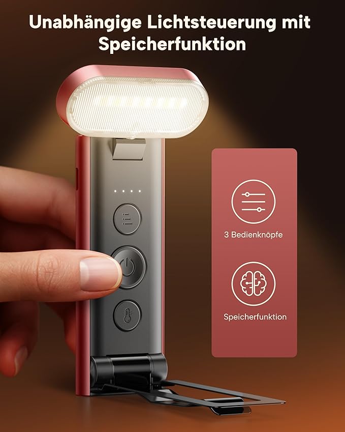 86lux Book Light, Reading Light for Book in Bed, USB Rechargeable LED Night Light with 3 Colors & Stepless Dimming, Aluminum Alloy Bookmark Light for Book Lovers, Red