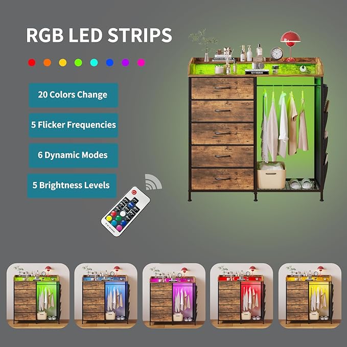 LUMTOK 2-in-1 Dresser with Hanging Racks,5 Fabric Drawers Dressers with LED Lights, Charging Station for Bedroom Living Room, Entryway, Closets (Rustic Brown)