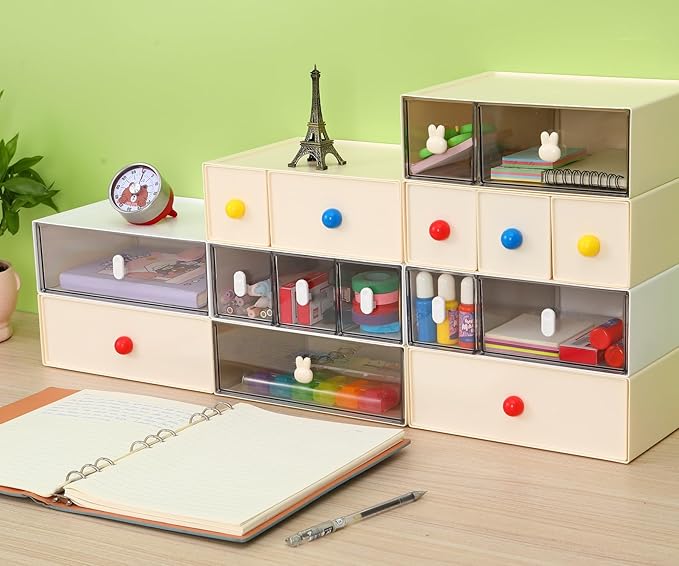 Desktop Storage Drawers, Plastic Desk Organizer with 3 Drawers, Modular Stackable Toolbox Units for Office Stationary, Makeup Container, Bathroom Countertop (1 Tall Layer, Cream & Clear)