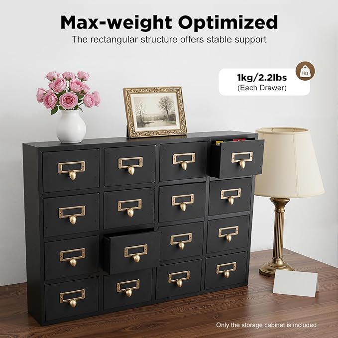 16-Drawer Wooden Desk Organizer Storage Box with Label Holders Vintage Wood Desktop Organizer, Desk Drawer Unit Collectors Box for Living Rooms, Bedrooms, Offices (Black, 1PC, 16 Drawers)
