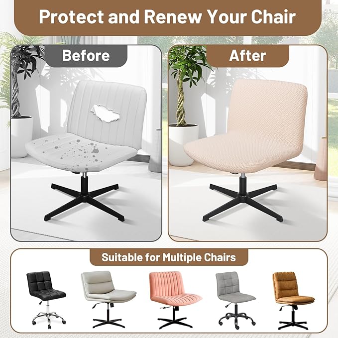 Armless Chair Cover, Beige Office Criss Cross Desk Vanity Computer Task Chair Cover, Washable Modern Jacquard Wide Seat Swivel Cross Legged Office Chair Slipcovers（Only Covers, No Chairs）