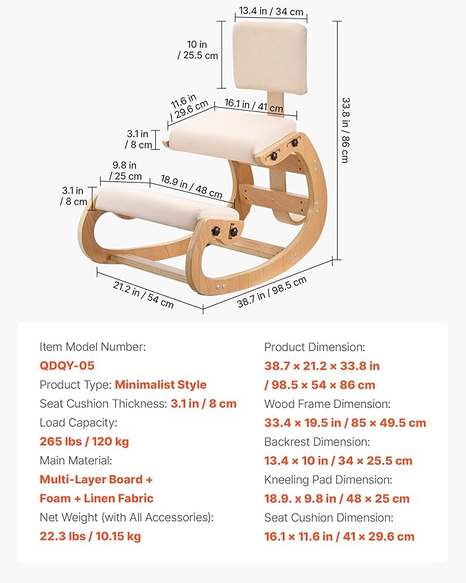 VEVOR Ergonomic Kneeling Chair, Wooden Posture Knee Chair with Adjustable Thick Foam Cushions, Backrest and Wood Frame, Adjustable Height, Relief for Neck or Back Pain for Home, Office or Meditation