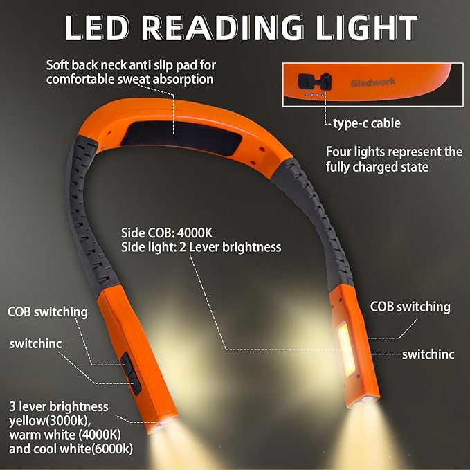 Neck Light,Book Lights for Reading at Night,3 Modes 4 Light Portable Rechargeable1200mAh, Perfect for Night Crochet Knitting Cross Stitch Crafting,Book Lovers Gift