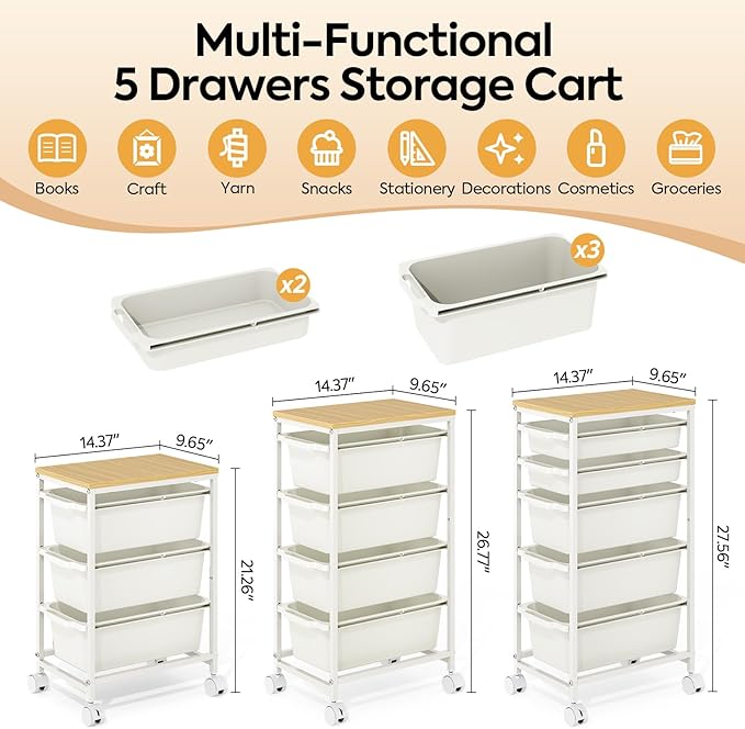 Rolling Storage Cart with 5 Drawers, Craft Organizer, Wooden Tabletop Utility Cart for Bedroom, Children's Room and Office Organization, Table Side Trolley with Lockable Wheels, White