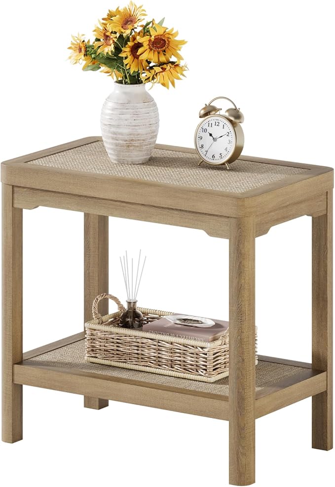 Eclatara Night Stand, Farmhouse End Table with 2 Tier Boho Rattan Shelves, Side Tables with Round Edge Design, Ultra-Thick Legs Bedside Nightstand for Bedroom, Caramel Oak