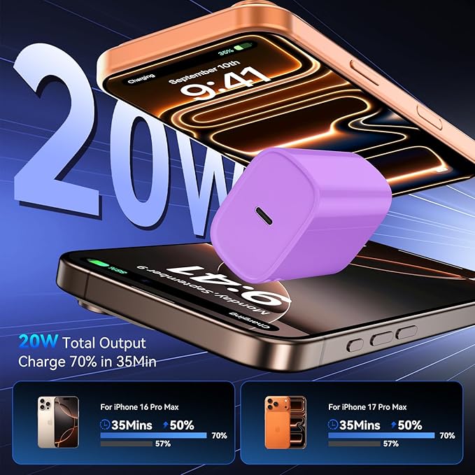 Phone 17 16 15 Pro Charger Fast Charging, 20W USB C Fast Charger Block with 6.6FT Long Type C Chargers Fast Charging Cable Cord for Phone 17/17 Pro/17 Pro Max/Air/16 Pro Max/16 Pro/15Pro Max/Pro, S24