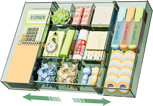 Marbrasse Expandable Desk Drawer Organizer, Clear Plastic Drawer Organizer Tray with 10 Adjustable Compartments, Desk Organizers and Accessories, 5 Drawer Dividers for Office Supplies(Clear Green)