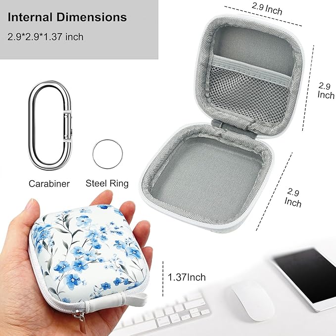 Earbud Case Headphone Organizer Ear Bud Case Portable EVA Carrying Box Storage Bag with Carabiner for AirPods Beats Bose Galaxy Buds 4/3/FE Data Cable Storage (Blue Flower)