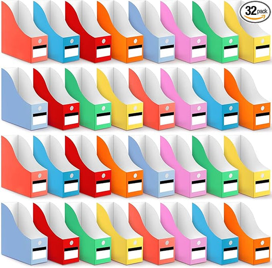 Jutom 32 Pcs Magazine File Holder Set Including Colored Foldable Desk File Holder Organizer White Label Stickers Cat Pen Cardboard Magazine Storage Box for Document School Office(Solid,Classic)