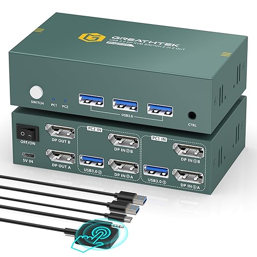 8K@60HZ Displayport KVM Switch 2 Monitors 2 Computers ，USB3.0 DP 8K@60HZ Dual Monitor KVM Switcher for PC/Laptop Share Keyboard Mouse,Support DP1.4,EDID Adapatively