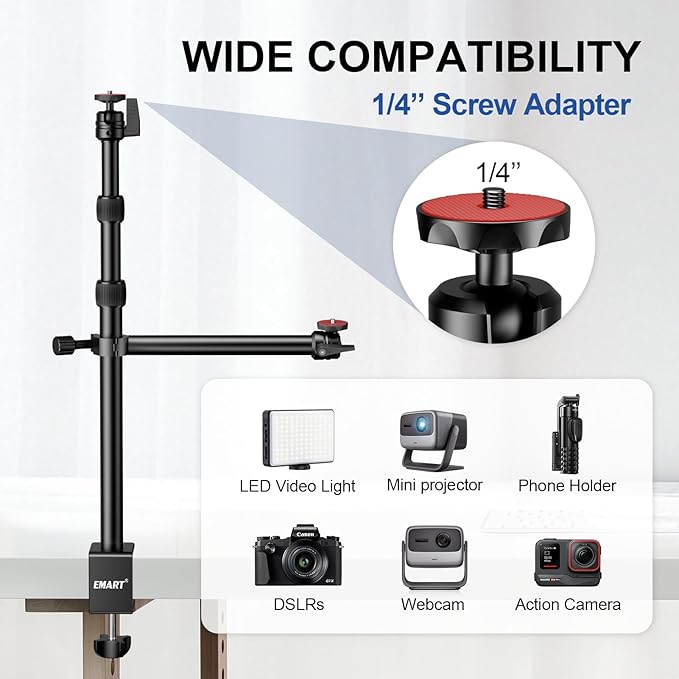 EMART Camera Desk Mount Table Stand, 39-90cm Adjustable Height with 360° Ball Head & 10.2'' Extension Arm, Max Load 8.8lb, Aluminum Tabletop C Clamp for Overhead Shooting, Live Streaming, Online Teach