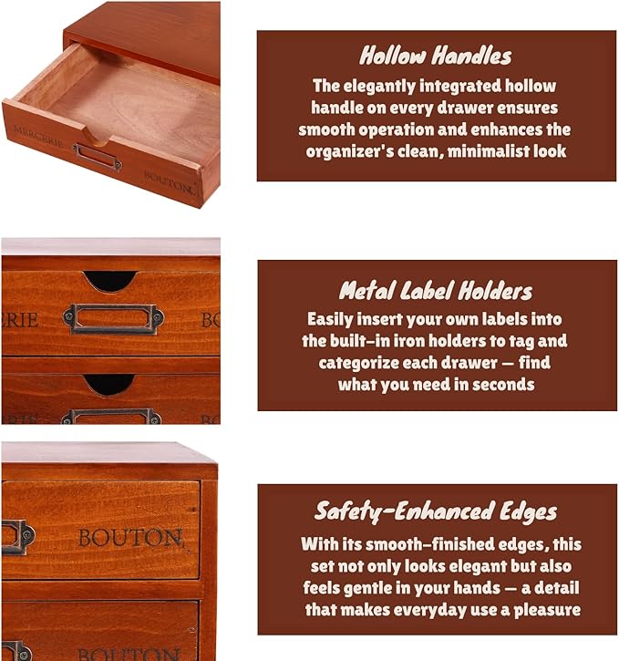 15-Drawer Wooden Desk Organizer Storage Box with Label Holders Vintage Wood Desktop Organizer, Desk Drawer Unit Collectors Box for Living Rooms, Bedrooms, Offices (Brown, 5PCS 15 Drawers)