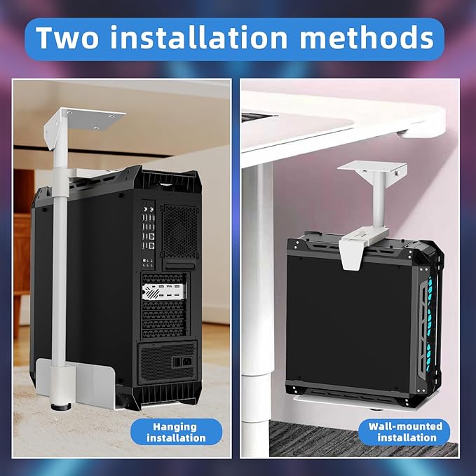 Under Desk and Wall Computer Mount, CPU Tower Holder Under Desk Mount Height & Width Adjustable, Computer Case Stand Holder Holds 46 lbs, 360° Swivel PC Mount, Under Desk CPU Holder Mount, White