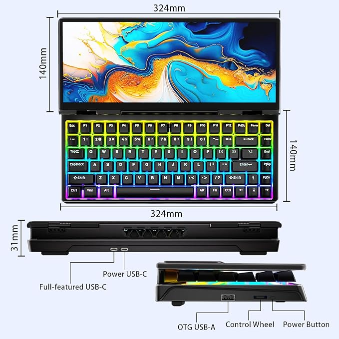 12.8" Portable Monitor Touchscreen with Mechanical Keyboard Stretched Bar Screen Extender RGB Backlit Hot-Swap USB-A Type-C Monitor for Laptop Desktop Mini PC MacBook (Driver Need)