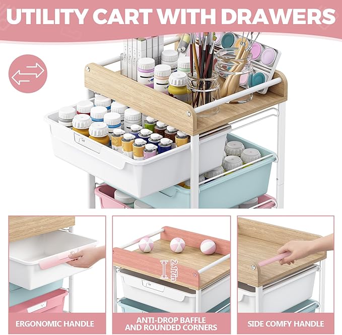 SYKIARIOL Rolling Storage Utility Cart with 4 Drawers,Kids Craft Art Cart,Makeup Organizer and Storage with Wooden Tabletop,Colorful