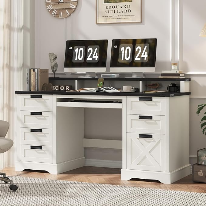 60" Farmhouse Executive Desk with 8 Drawers, Wood Computer Desk with Keyboard Tray and Charging Station, Home Office Desk Writing with File Drawer Fits A4 Size for Work and Study, White and Black