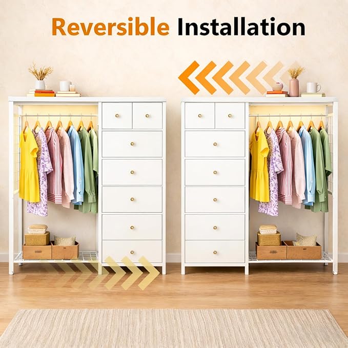 Simple Deluxe Storage Clothes Rack with 6 Drawers, Charging Station & LED Lights, Fabric Chest Shelves Clothing Rack, Wooden Portable Wardrobe Closet, 49.2" W x 15.7" D x 47.2" H, White
