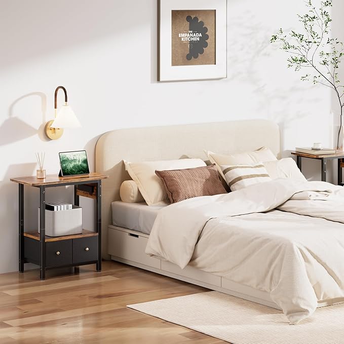 HLDIRECT Nightstand with Charging Station, Bedside Table with 2 Fabric Drawers and Large Storage Shelf for Small Space, End Table with Outlet and USB Ports for Living Room, Bedroom (Rustic Brown)