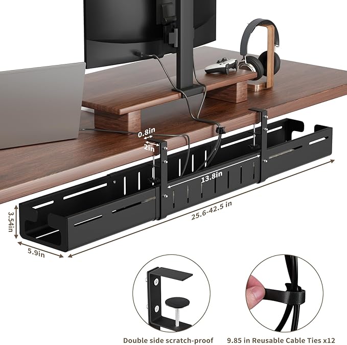 Under Desk Cable Management Tray, Expandable 25.2"–38.6" Heavy Duty Carbon Steel with Clamp, Hidden Cord Organizer for Desk, Home Office & Standing Desk, No Drill Installation, Black