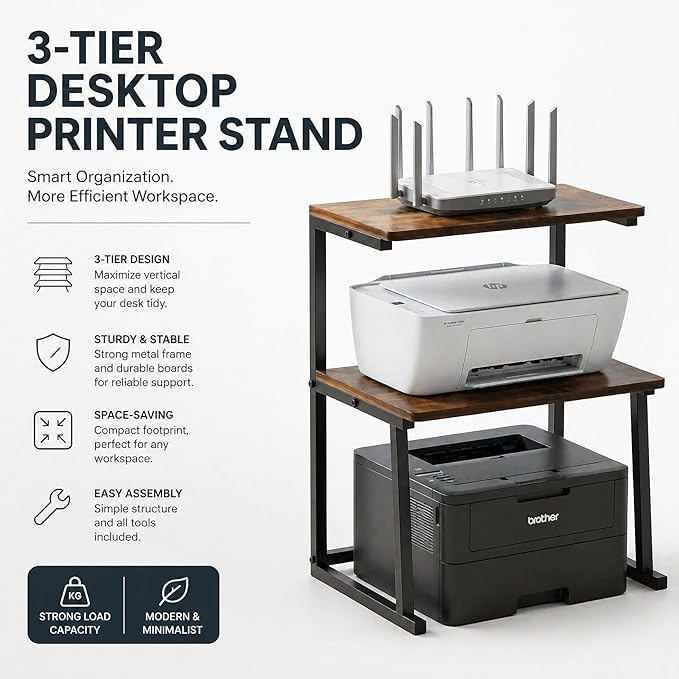 3-Tier Desktop Printer Stand, Universal Size Printer Shelf Organizer with Wide Platform, Heavy-Duty Multi-Purpose Office Desk Shelves for Home Office Organization