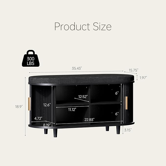 DHH 2-Tier Storage Bench,Wide Shoe Bench with Thickened Padded Seat Cushion, Mid Century Modern Fluted Sliding Door and Adjustable Shelf, for Entryway, Living Room, Bedroom (Black, 35.4“)