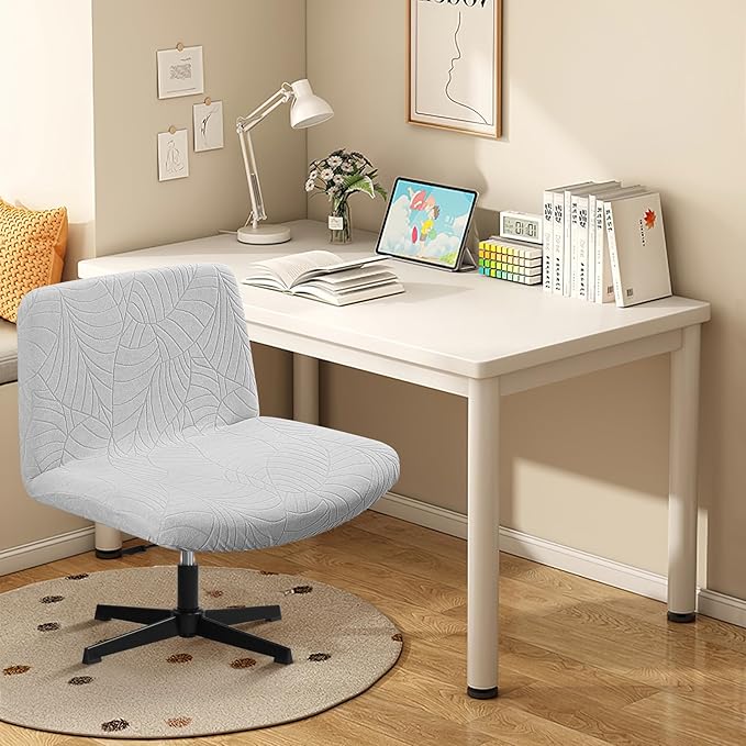 Fuloon Criss Cross Chair Cover, Waterproof, Stretchable, Solid Jacquard, Suited for Armless/Office/Desk/Mid Back Wide Seat/Computer/Task/Vanity/Accent Chair (Leaves -Shaped Jacquard, Light Grey)