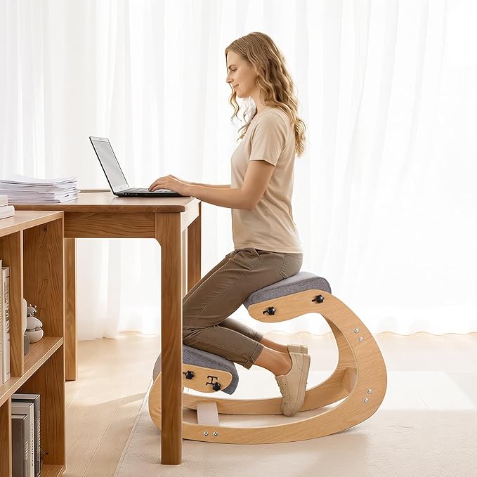VEVOR Ergonomic Kneeling Chair, Wooden Posture Knee Chair with Adjustable Thick Foam Cushions & Solid Wood Frame, Adjustable Height, Relief for Neck or Back Pain for Home, Office or Meditation, Gray