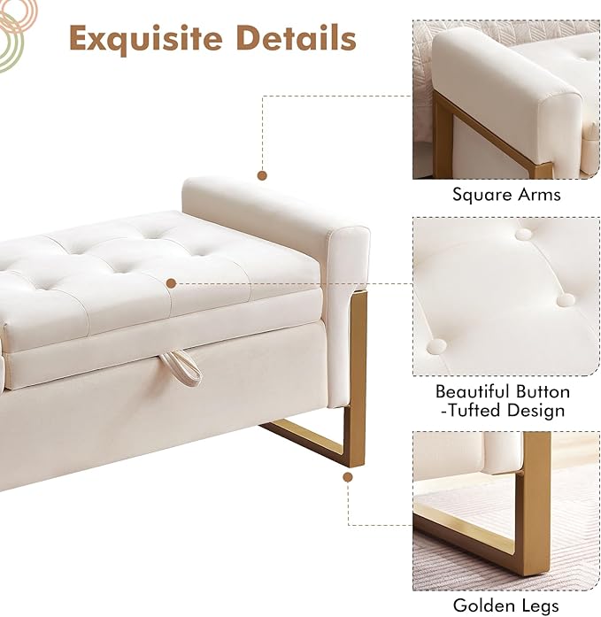 67" End of Bed Bench King Size, Velvet Storage Bench for Bedroom Foot of Bed, Double Lids Storage Bench with Golden Legs, Upholstered Ottoman Bench for Living Room Window Entryway, Cream
