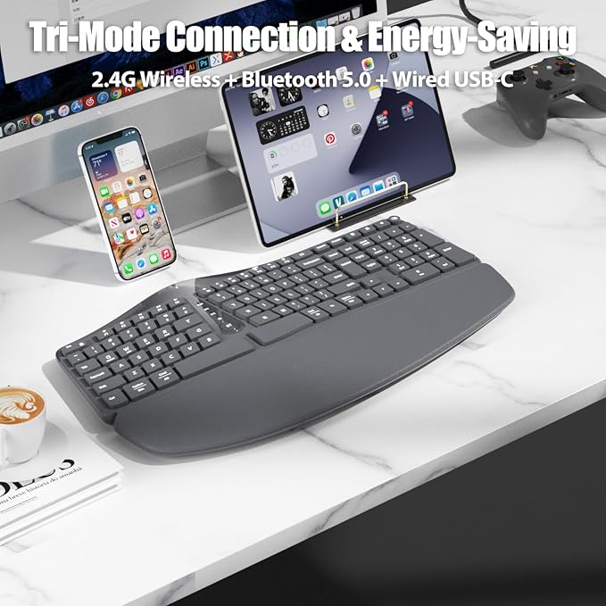Bow Split Ergonomic Keyboard Wireless with Cushioned Wrist & Palm Rest, Wireless 2.4G/Bluetooth/Wired USB-C, Comfortable Natural Typing, Compatible with Windows/Mac/PC/Laptop, Space Grey