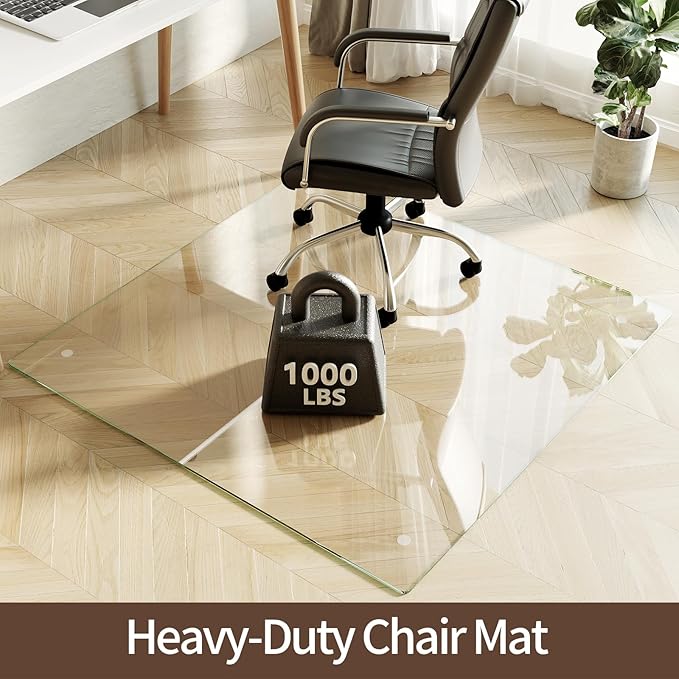 Koonmi Tempered Glass Chair Mat 48"x48" - Premium Office Chair Mat for Hardwood Floors & Low-Pile Carpet with 4 Non-Slip Pads - Thick Scratch-Resistant Surface