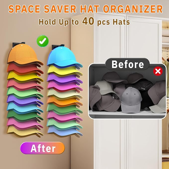 Volnamal Hat Organizer for Baseball Caps, 2 Pack Hold Up to 40 Hats, Hat Rack for Wall Space Saving, Hat Hanger w/Strong Adhesive Hat Storage Holder Display for Closet Door and Wall (Black)