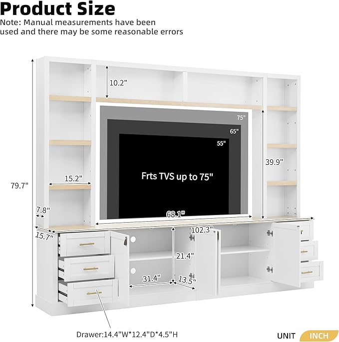 102.3"W Farmhouse 4-Piece Entertainment Center Wall Unit with Adjustable Shelves, Modern Large TV Stand with Bookshelves for TVs Up to 75", Rustic Media Console with 6 Drawers for Living Room, White