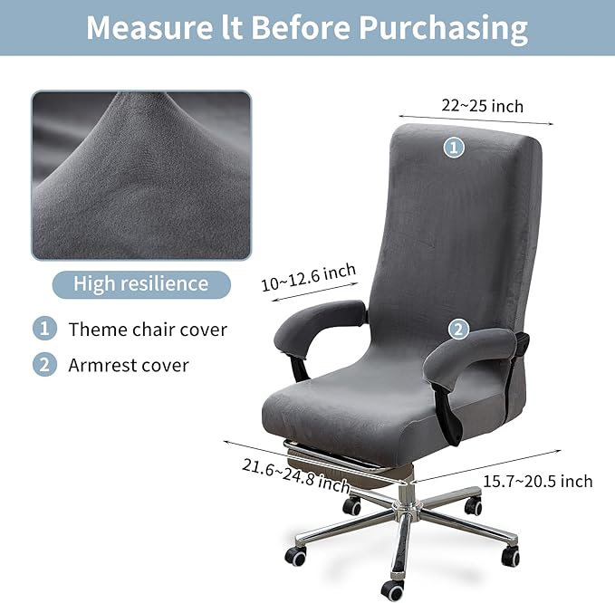 Office Chair Cover with Armrest Covers, High Resilience Velvet Fabric, Universal Fit 22-25 inch Back (Grey)