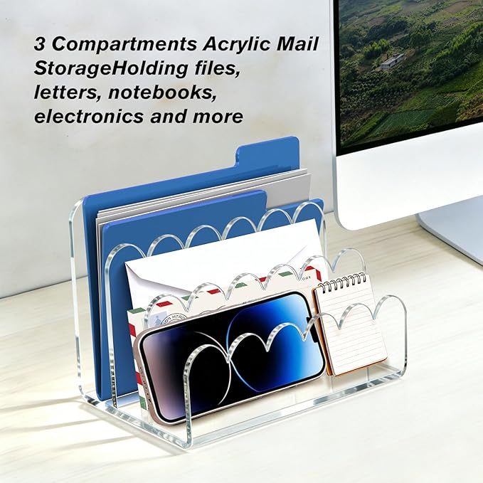 3 Compartments Acrylic Mail Organizer, Vertical File Sorter & Scalloped Desk Organizer for Letters, Envelopes, Bills, Stationery, Mail Holder for Office and Home