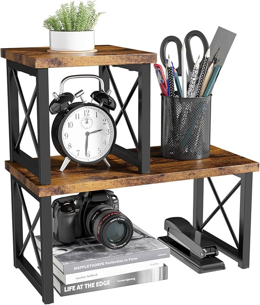 HavenlyYouth Desk Shelf, 2 Tier Wood Desktop Bookshelf, Adjustable Freestanding Stackable Desk Organizer, Desktop Shelf Organizer Storage Rack, Desk Display Rack for Office, Home, Rustic