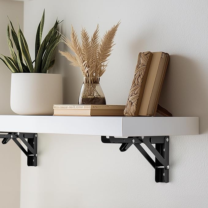 Home Expert 6 Inch Folding Shelf Brackets, 6 Pack (3 Pairs) Heavy Duty Metal Collapsible Wall-Mounted Brackets, Space-Saving DIY Foldable Shelf for Benches and Tables, Matte Black