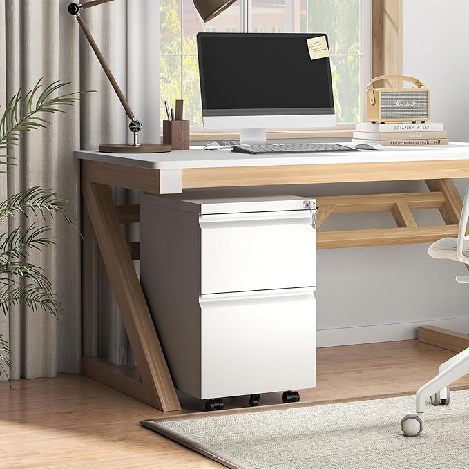 Guizeeopo 2 Drawer Locking File Cabinet, Fully Assembled Heavy-Duty Metal Filing Cabinets for Home Office, Quiet Slides, Anti-Tipping Wheels, Fits A4/Letter/Legal, Matte White