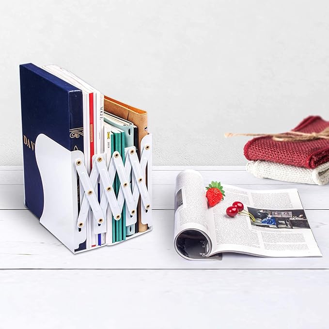 Aobopar Adjustable Book Ends, Metal Bookends for Heavy Books, Desk Book Holder for Shelves, Book Organizer for Desk, Suitable for Office, Home and School Use (White)