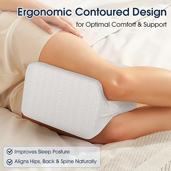 BlissTrends Memory Foam Knee Pillow, Knee Pillow for Side Sleepers, Leg Pillows for Sleeping Blood Circulation, Elevation Pillow for Spine Aligning, Sciatica, Hip, Knee, Ankle Pain, White, Medium
