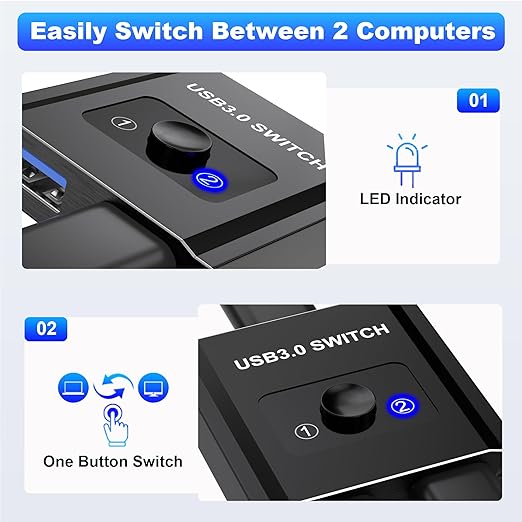 USB Switch, Bi-Directional USB Switch 1 in 2 Out/2 in 1 Out, USB Switcher 2 Computers Sharing Devices Like for Printer, Keyboard, Scanner, Mouse, USB KVM Switch Compatible with Mac/Win/Linux