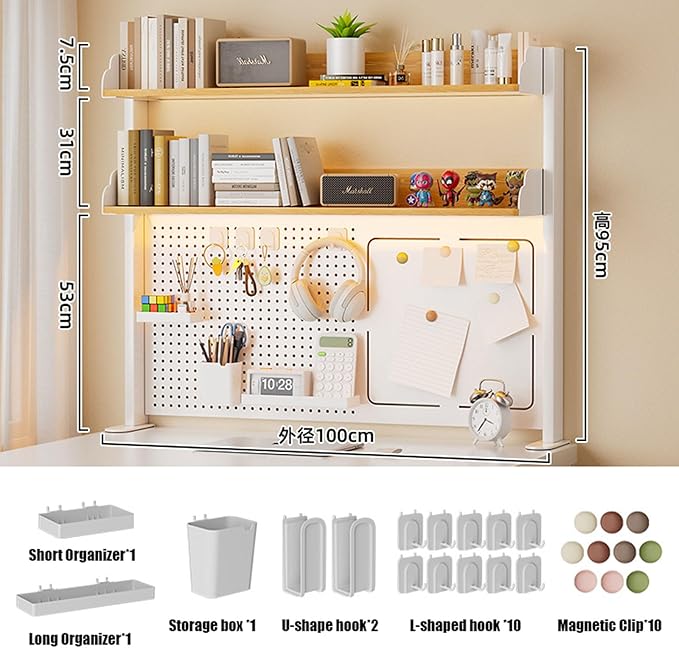 Clamp On Desk Organizer Shelf with Perforated Panels and Shelving Unit, Clamp-on Above or Under Desktop Storage Shelf for Office Home Dorm Desk
