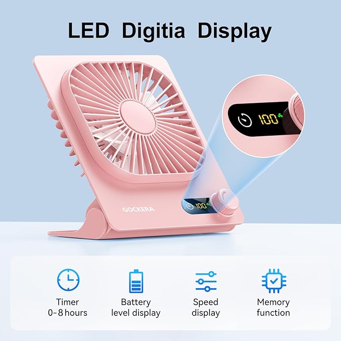 Desk Fan, 6.61''Ultra-thin Battery Powered Fan with Powerful Wind,100 Speeds Adjustable&Digital Display,Timer,Ultra-quiet Small Portable Fan for Bedroom,Office,Travel (Pink and Black, 5000mAh)