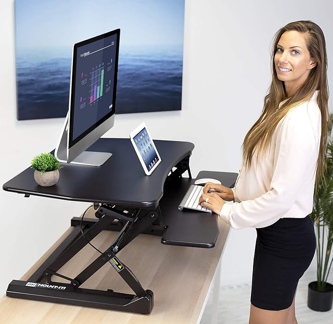 Mount-It! 35.5" Standing Desk Converter with Keyboard Tray – Adjustable Sit Stand Desk Riser for Dual Monitors – Dual Gas Spring Height Adjustable Desktop Workstation Topper – Black