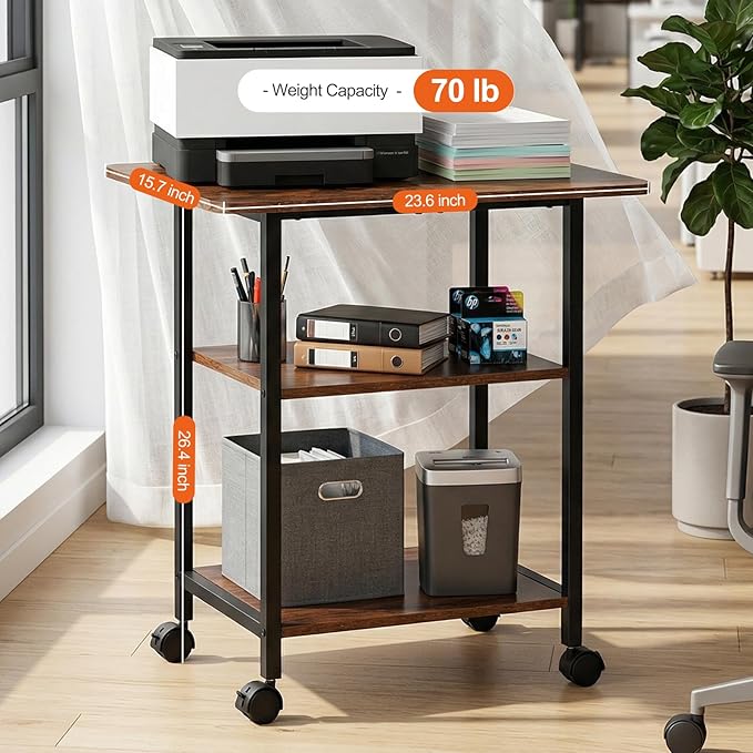King Oasis 3-Tier Printer Stand with Wheels, Industrial Mobile Printer Cart with Storage Shelf for Home Office Organization, 3D Printer, Side Table for Living Room, Bedroom, Rustic Brown