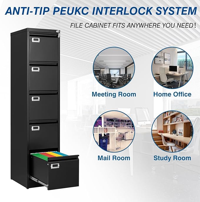 PEUKC 5-Drawer File Cabinet, 16.3" Deep Vertical Metal Filing Cabinet with Lock for Home Office, Anti-Tip 5 Storage Drawers for Letter/Legal/A4/F4 Size (Assemble Required, Black)